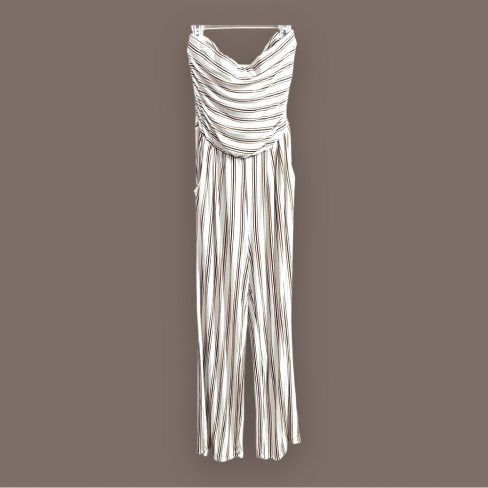 JUNIOR’S tube top jumpsuit, cream with brown stripes, size Small - Picture 2 of 4
